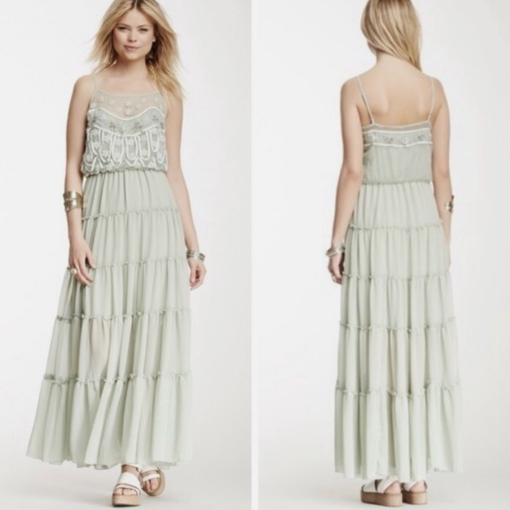 NWT Free People Stardust Seafoam Green Beaded Chiffon Mesh Maxi Dress M